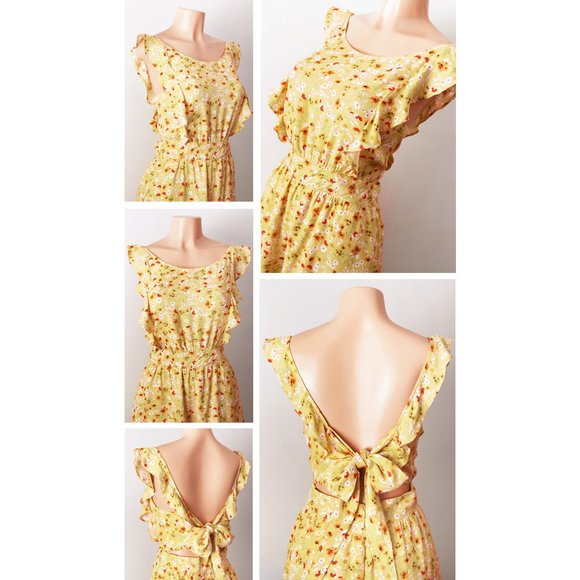 Yellow Floral Ruffle Tie Bow Open Back Cute Romper - Picture 3 of 7